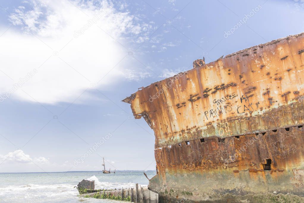 ship cemetery - detail of abandoned ship carcass in the atlantic ocean, Angola, Africa