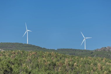 Eco tema, peyzaj, Rüzgar türbinleri ufuk, üstünde tepe-in dağlar, orman, mavi gökyüzü, Portekiz