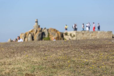 Çim dokusu içinde perspektif, arka plan görünümünü görüntü ile rock ve insanlar, denize sıfır, Portekiz