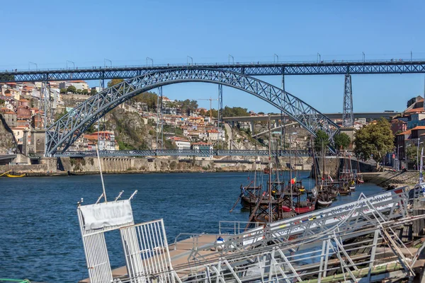 Porto Portugal 2018 View River Douro Rabelo Boats Docks Transport — стоковое фото
