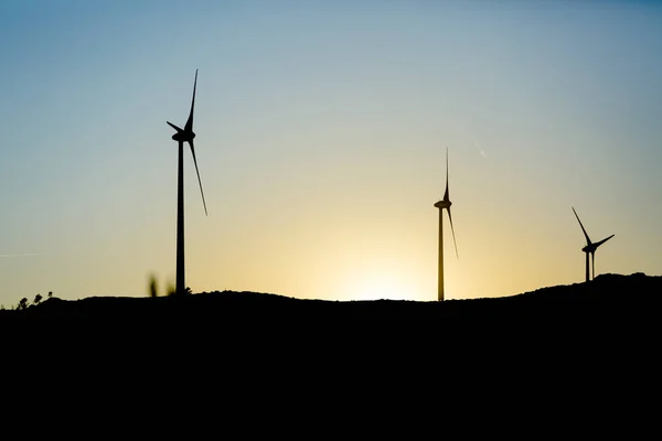 在山顶上的风力涡轮机的剪影看法 日落天空 在葡萄牙 — 图库照片