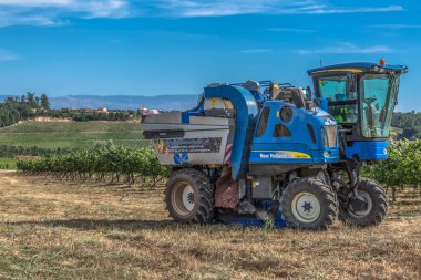 Viseu / Portekiz - 10/02/2018: görünümü bir üzüm hasat makineleri tarım alanları ile üzüm bağları, Portekiz