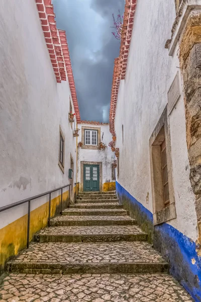 要塞とオビドス城内の中世の村にポルトガル語の建物を持つ通りの階段の眺め — ストック写真