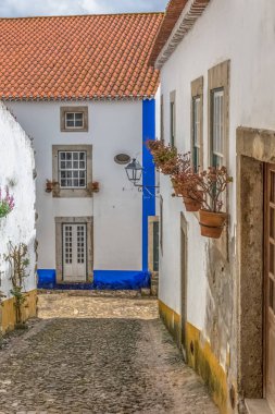 Kale ve Luso Roma Kalesi Obidos üzerinde Portekiz yerel mimari binaların görünümü