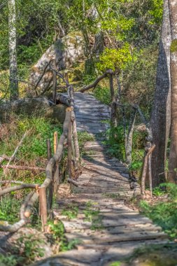 Dao nehri üzerindeki yaya güzergahında, geri dönüştürülmüş malzemelerle yapılan ekolojik yolun görünümü