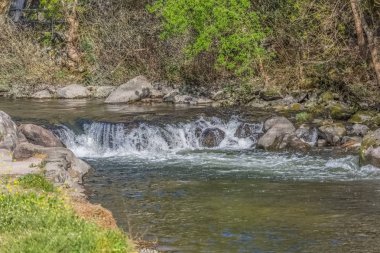 Dao Nehri görünümü, ağaçlar, kayalar ve bitkilerin kıyılarda, su ve parlak renklerde yansımaları ile