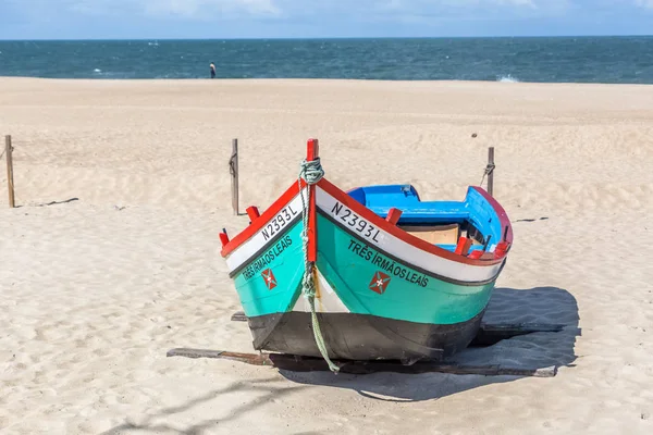 Detailed view of colored and traditional fishing boats on the Nazare beach — Stock Photo, Image