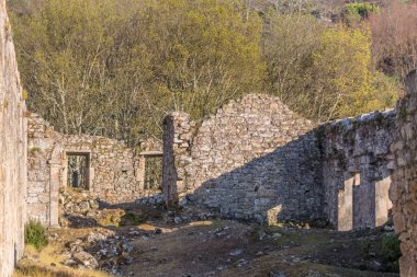 Harabeler halindeki tarihi binanın görünümü, Tarouca'lı St. Joao manastırının içinde, simetrik pencere açıklıklı ve pencere çerçeveleri olmayan yıkık duvarın detayı, zeminde otlar