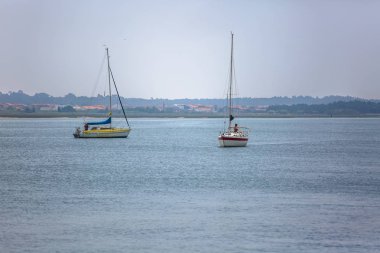 Aveiro nehri manzarası ile özel eğlence tekneleri yelken. Tipik bitki örtüsü ve binalar ile bulutlar ve arka plan ile Gün