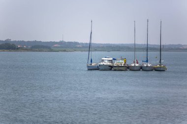 Aveiro nehri manzarası ile özel eğlence tekneleri yelken. Tipik bitki örtüsü ve binalar ile bulutlar ve arka plan ile Gün
