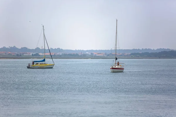 Uitzicht op de rivier de Aveiro met privé recreatieve boten met mensen zeilen. Dag met wolken en achtergrond met typische vegetatie en gebouwen — Stockfoto