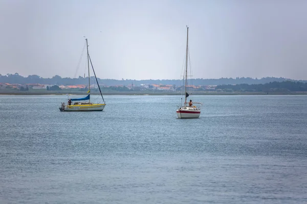 Uitzicht op de rivier de Aveiro met privé recreatieve boten met mensen zeilen. Dag met wolken en achtergrond met typische vegetatie en gebouwen — Stockfoto