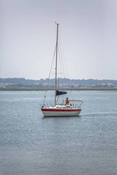 Vista del río Aveiro con barco recreativo privado con gente navegando. Día con nubes y fondo con vegetación y edificios típicos — Foto de Stock