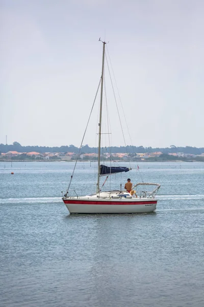 Vista del río Aveiro con barco recreativo privado con gente navegando. Día con nubes y fondo con vegetación y edificios típicos — Foto de Stock