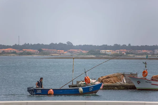 View of Aveiro river with fisherman boat with people sailing. Day with clouds and background with typical vegetation and buildings — Stock Photo, Image