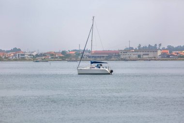 Aveiro nehri manzarası ile özel eğlence tekne yelken. Tipik bitki örtüsü ve binalar ile bulutlar ve arka plan ile Gün