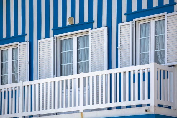 Detailed view of front facade windows and balcony of typical Costa Nova beach house — Stock Photo, Image