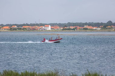 Aveiro nehri manzarası ile özel eğlence tekne yelken. Tipik bitki örtüsü ve binalar ile bulutlar ve arka plan ile Gün