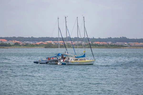 Aveiro nehri manzarası ile özel eğlence tekneleri yelken. Tipik bitki örtüsü ve binalar ile bulutlar ve arka plan ile Gün