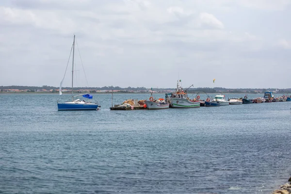Özel eğlence tekneleri ve balıkçı tekneleri ile Aveiro nehir ve marina manzarası. Bulutlar ve arka plan ile Gün