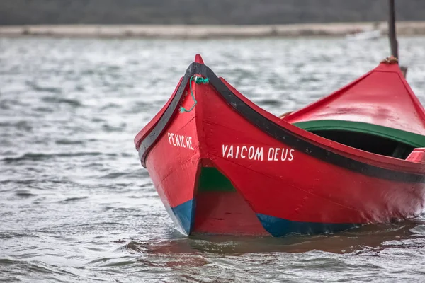 Vista detallada de un barco de pesca tradicional en la playa en la laguna de Nazare, en Portugal — Foto de Stock