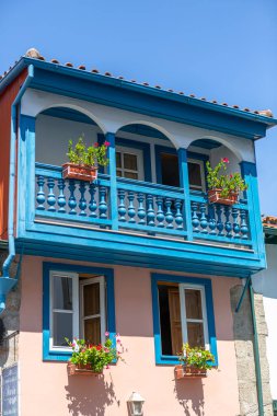 Ön cephe pencereleri ve balkon, tipik kuzey Portekiz evi çiçekleri, renkli ahşap balkon ve çiçeklerle dolu mavi ve beyaz ev.
