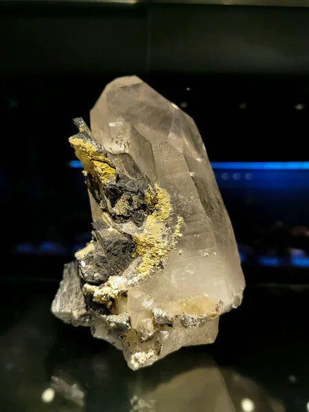 View of quartz mineral with wolframite, originating in Portugal, milky quartz crystal associated with wolframite