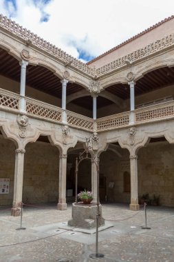 Salamanca İspanya - 05: 12 2021: İspanya 'nın merkezindeki Casa de las Conchas binasının içerisindeki muhteşem bir manastır.