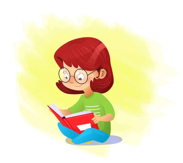 Primer plano chica feliz leyendo libro solo — Vector de stock