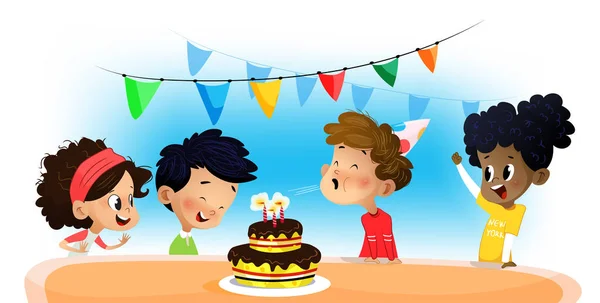 Feliz grupo de niños divirtiéndose en la fiesta de cumpleaños — Vector de stock