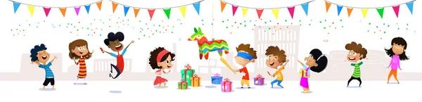 Happy group of cartoon children having fun at birthday party — Stock Vector