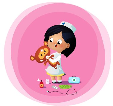 Sevimli küçük kız oyuncak ayı ile doktor çalış.