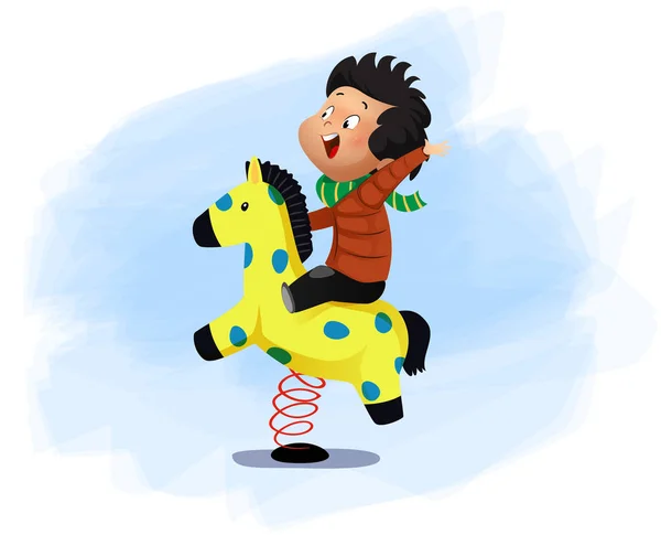 Pequeño niño está sentado en un columpio de caballo — Vector de stock