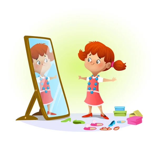 Linda niña mirándose en el espejo — Vector de stock