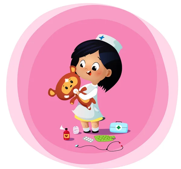 Menina bonito joga médico com urso de brinquedo . — Vetor de Stock