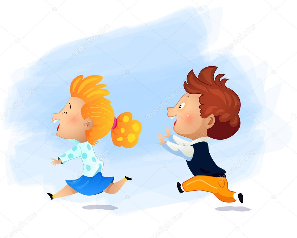 Preschool girl running fast and play catch-up and tag game