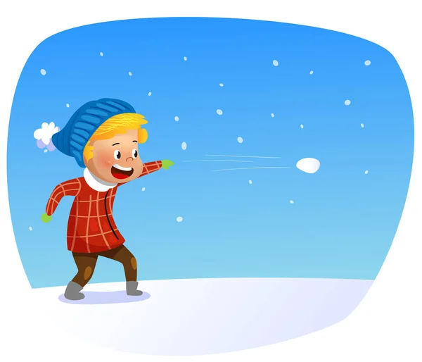 Kid spelen in de sneeuw. Kind gooit sneeuwballen — Stockvector