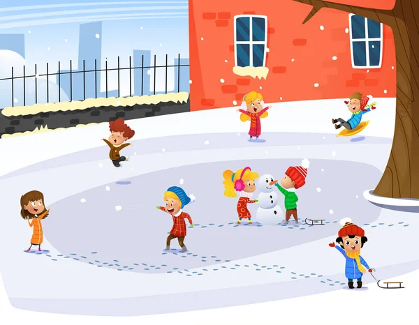 Aranyos gyerekek játszanak. A téli gyermek szabadtéri tevékenységei — Stock Vector
