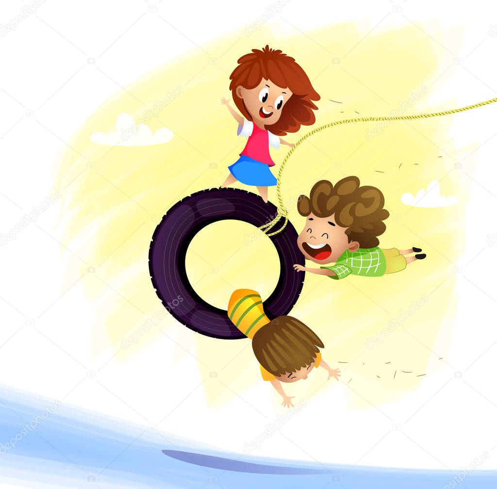 Playing kids. Three friends play outside. Cartoon vector