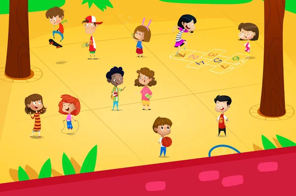 Dzieci kreskówki bawią się na placu zabaw. Wektor — Wektor stockowy