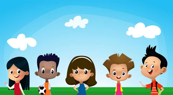 Illustrazione vettoriale di diversi bambini su banner cielo blu . — Vettoriale Stock