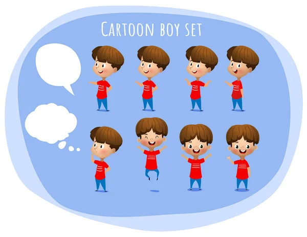 Lycklig pojke gör olika gester. Vektor Cartoon — Stock vektor