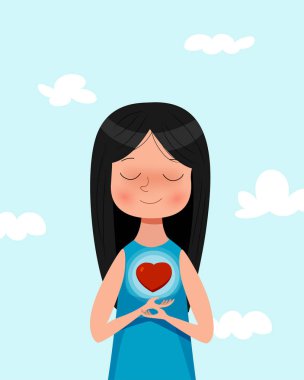 Sevimli karikatür kız sevgi sembolü tutan. Aşk kavramı illüstrasyon