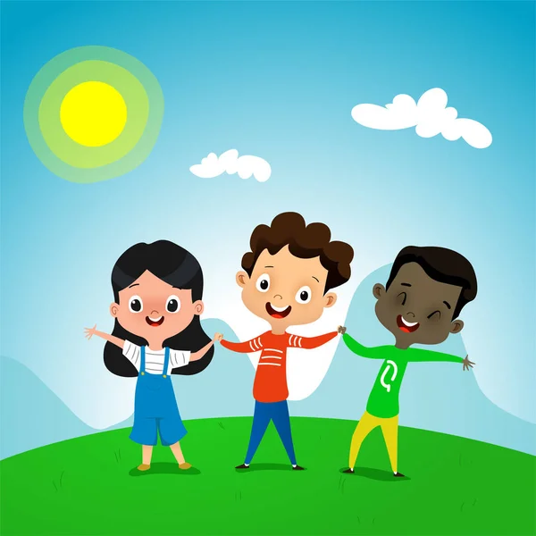 Carino bambini dei cartoni animati che si tengono per mano sullo sfondo estivo — Vettoriale Stock