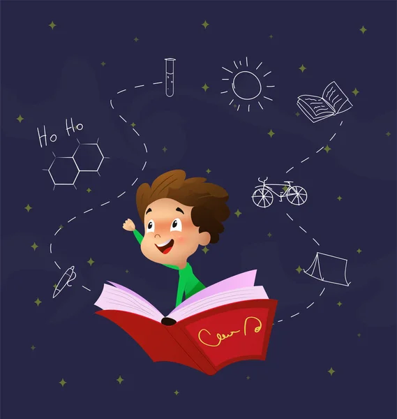 Sevimli karikatür çocuk kitap sürme gece gökyüzü ile sinek