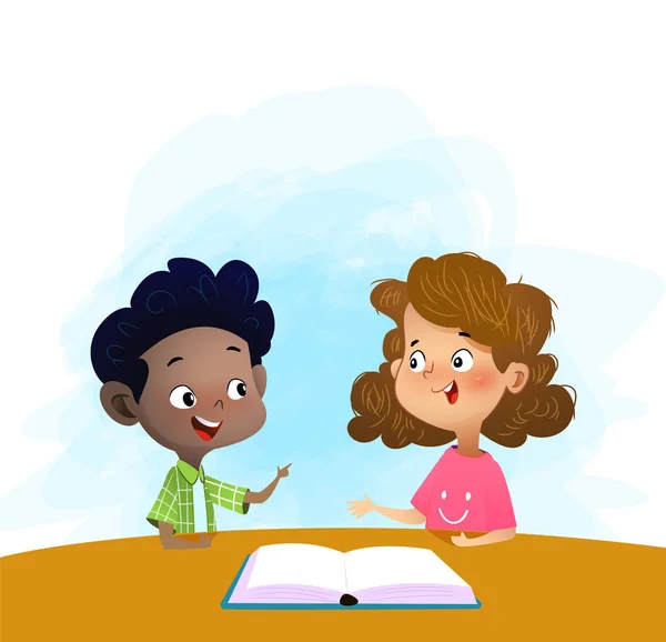 Zwei Kinder reden und diskutieren Buch in der Bibliothek. — Stockvektor