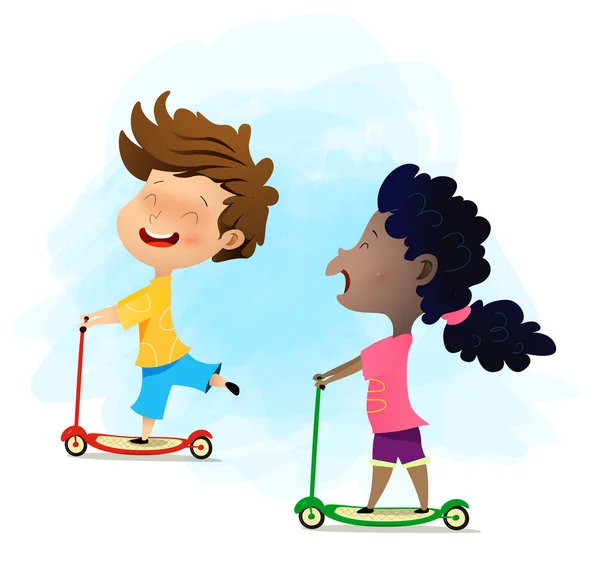 Multi-etnische kinderen rijden op scooters. Weekends concept illustratie. — Stockvector