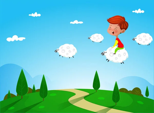 Kreslený chlapec jedoucí na ovce. — Stockový vektor