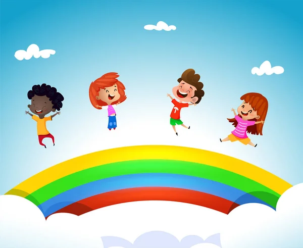 卡通儿童在彩虹上玩得开心。向量 — 图库矢量图片