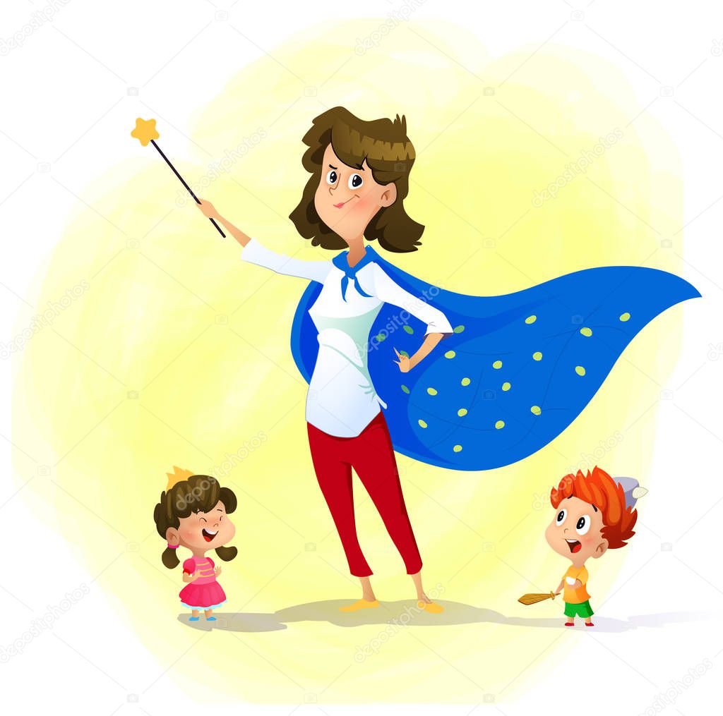 Mother and her children play wizards. Super mother